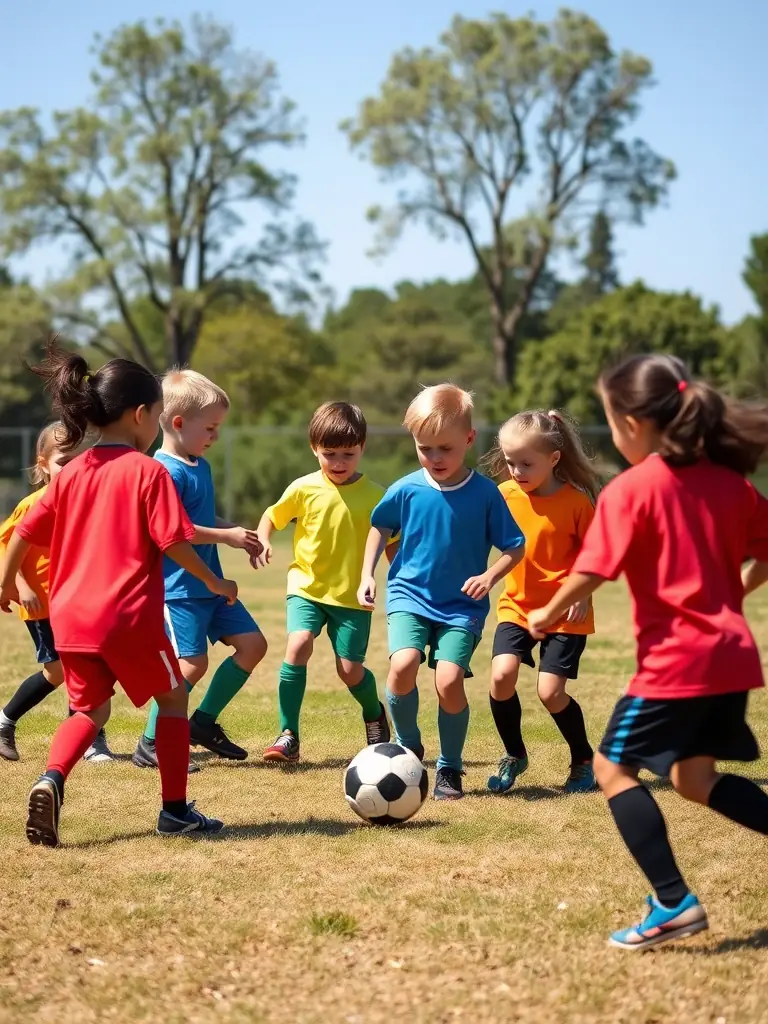 A dynamic image of children playing soccer, emphasizing the fun and inclusive nature of youth sports programs at ALLIANCE SPORTIVE VALENSOLE GREOUX.
